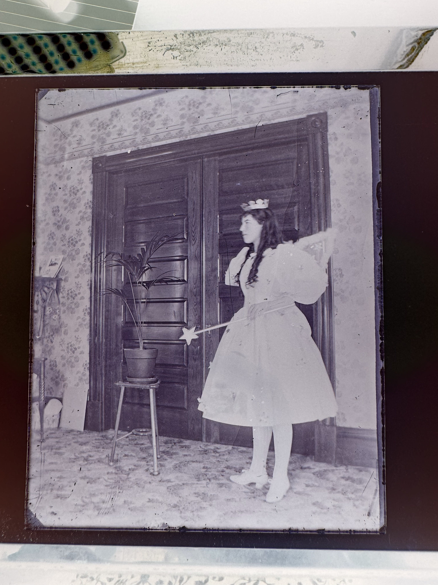 A woman dressed in a fairy outfit holding a wand with a star on it.