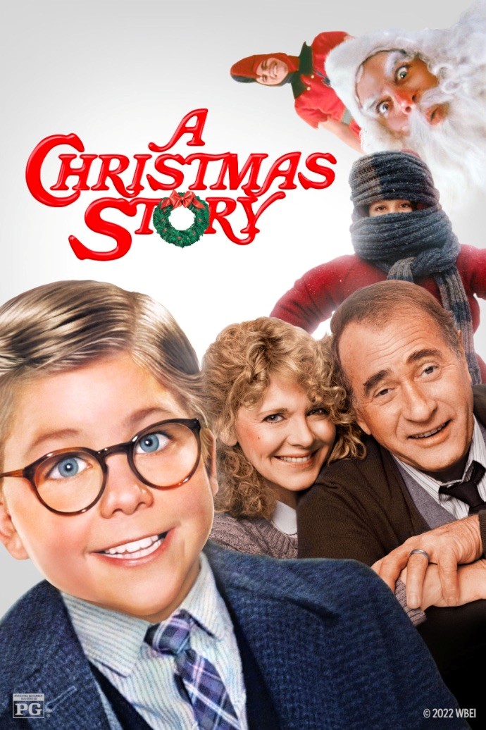 movie powster w three characters - male/female parents and  male child. Santa  in the background