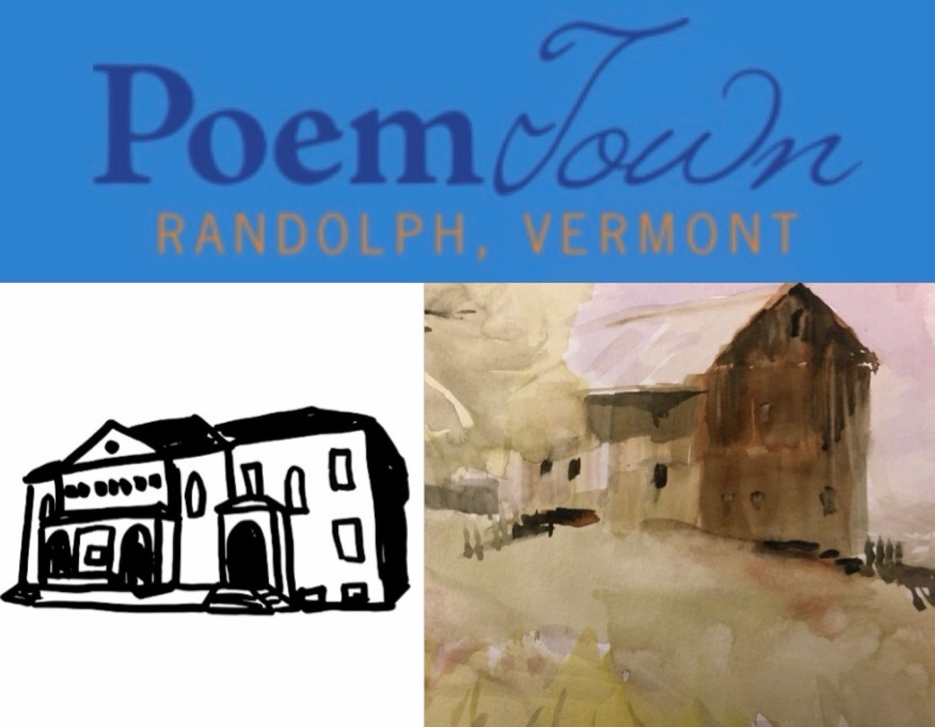 Blue, white poster w painted barn