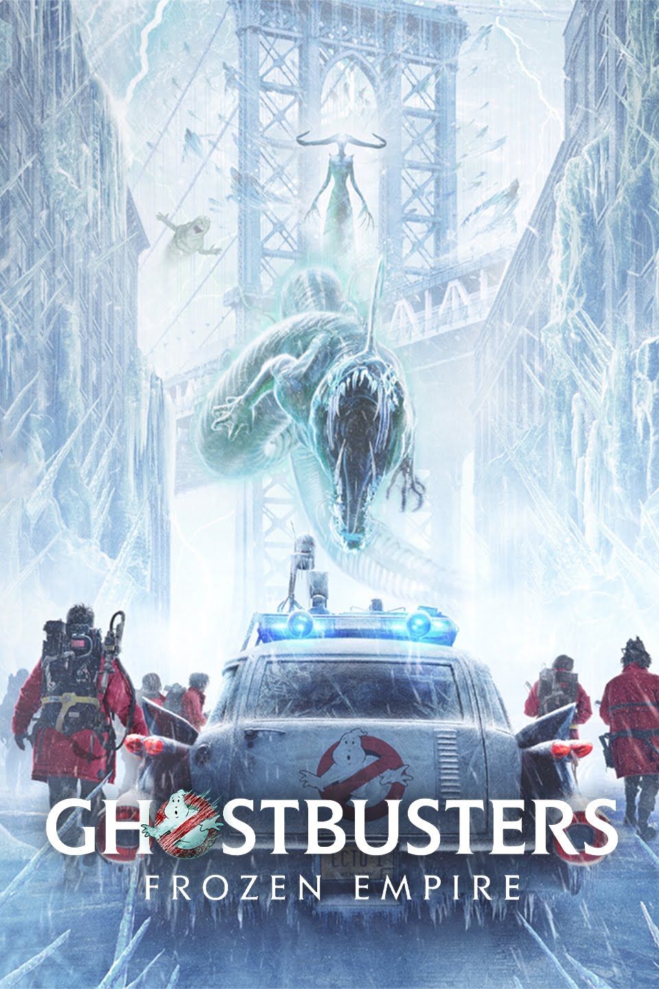 frozen city w four people standing beside a car