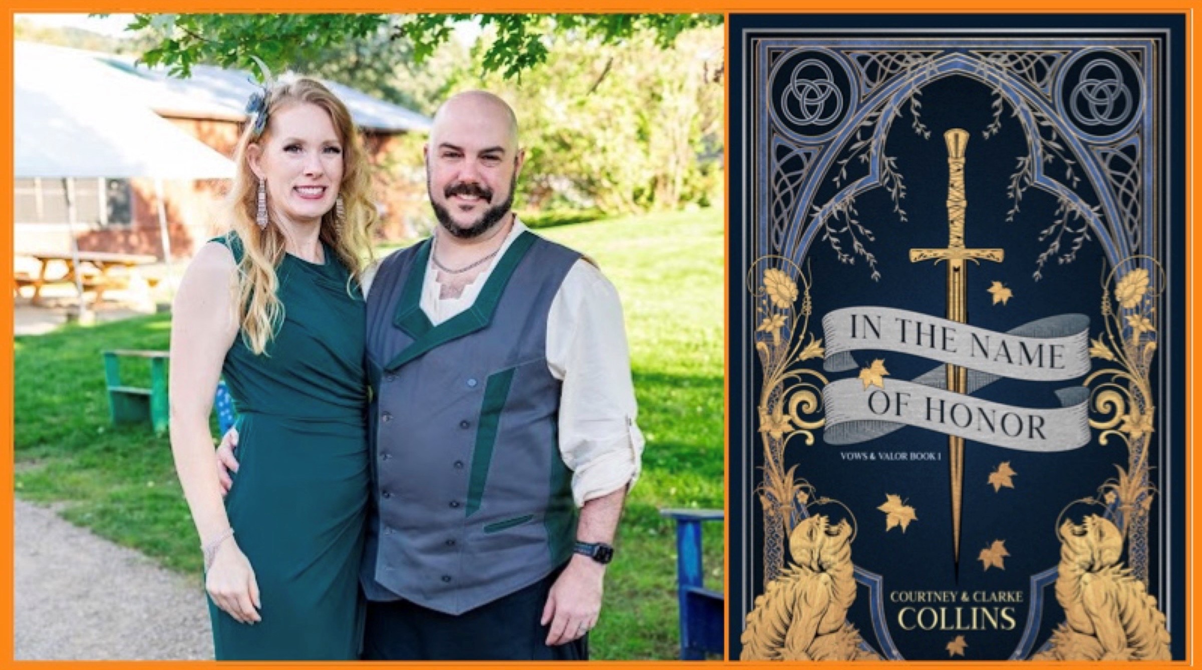 two people, authors, hugging and a book jacket, blue with a sword