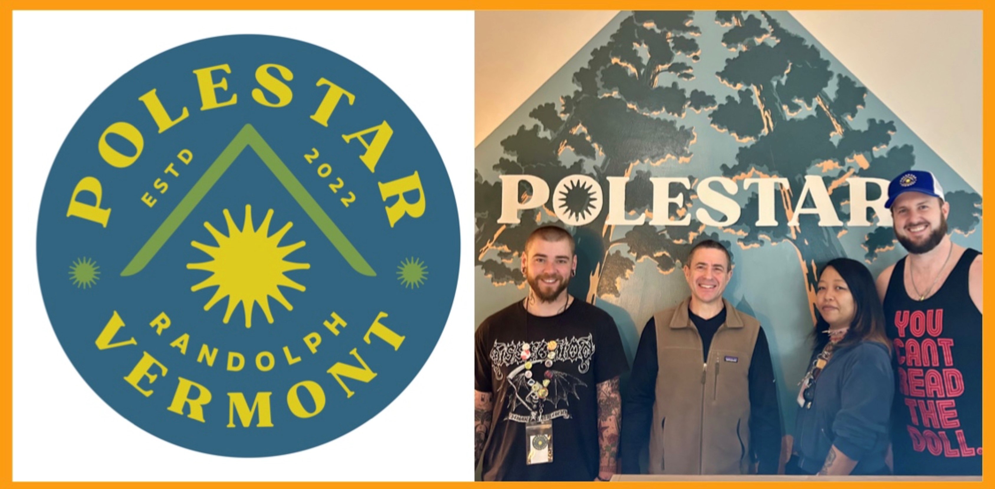 four staff workers in front of a logo