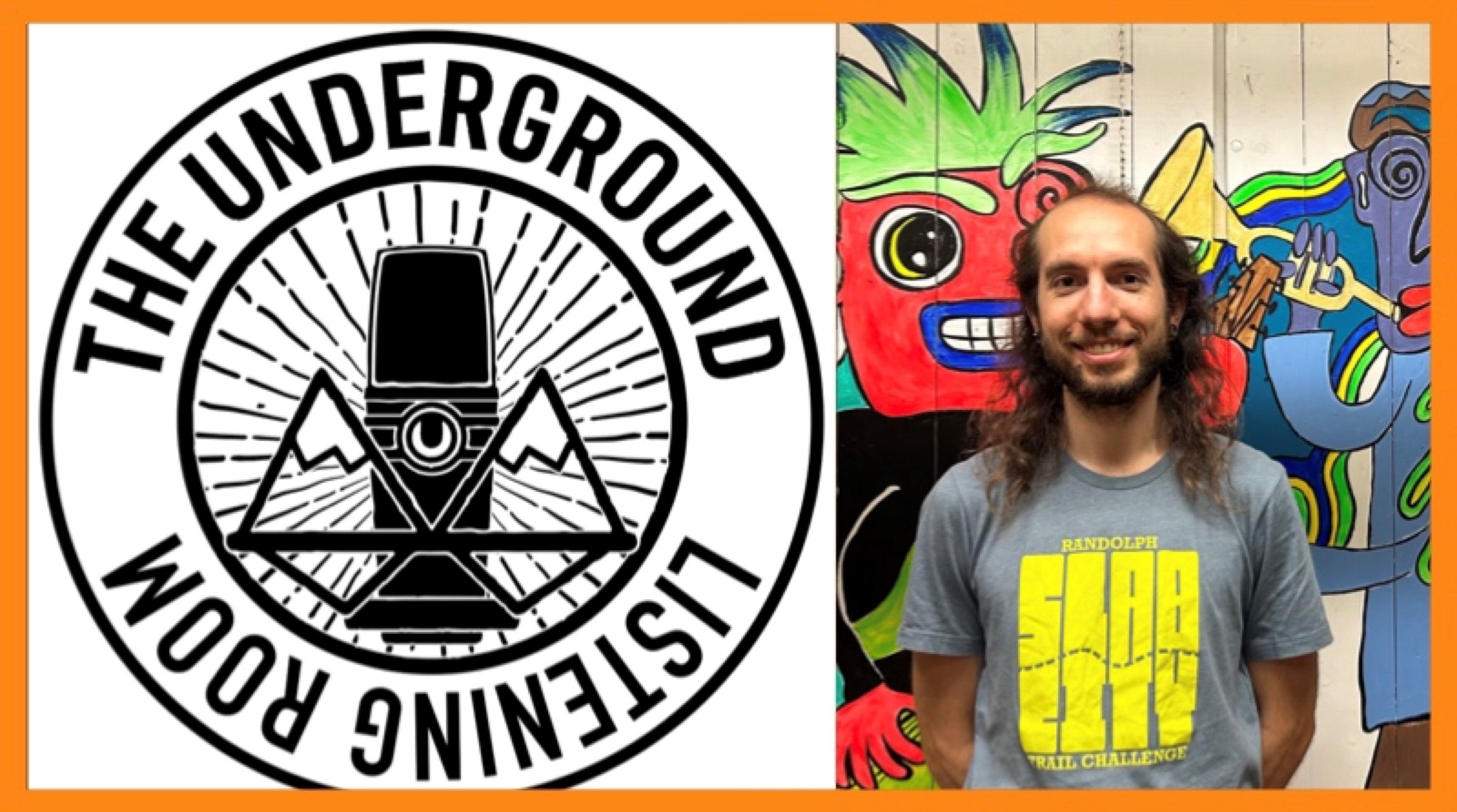 black and white logo and man w long hair in front of colorful art