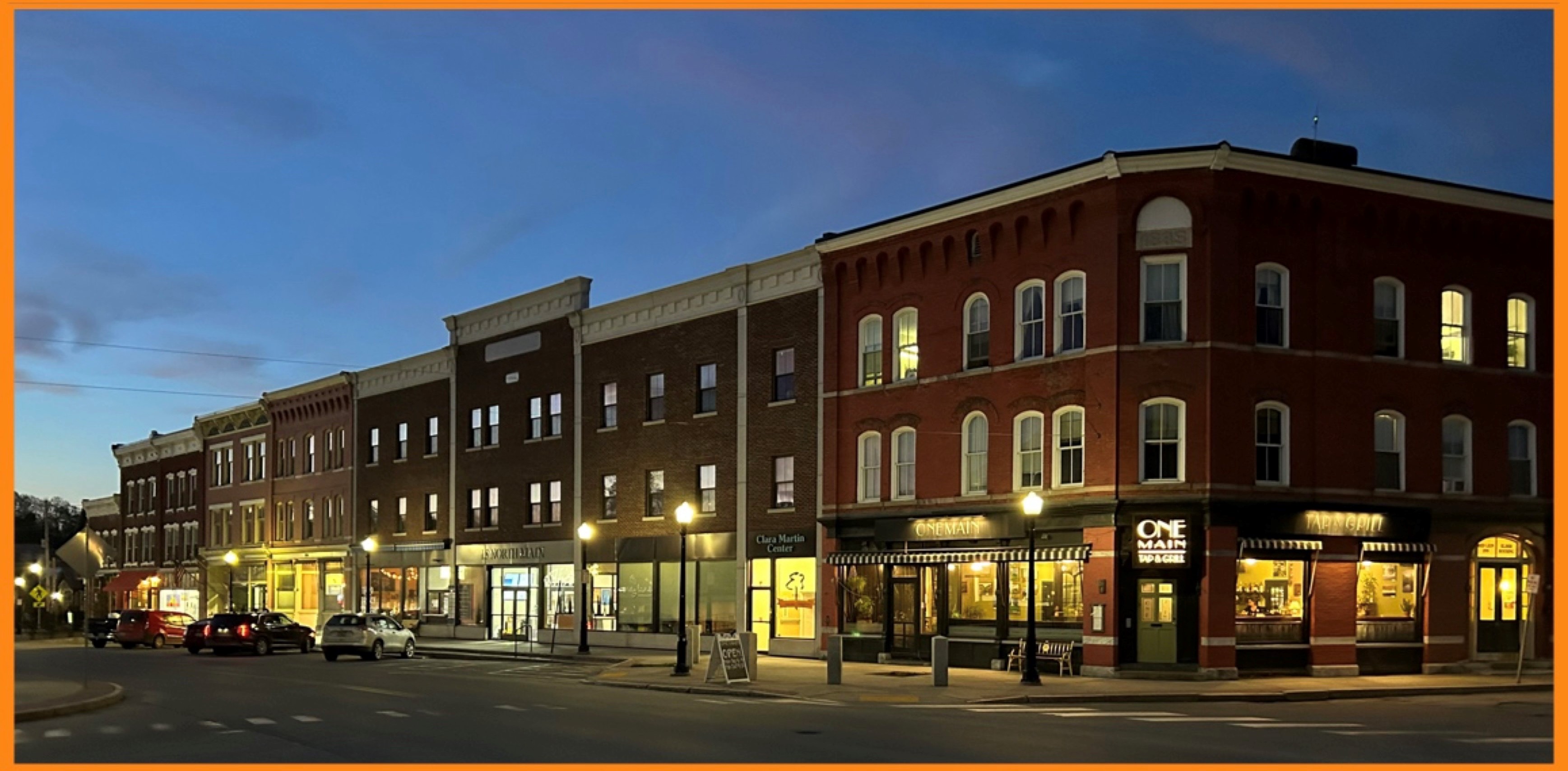 downtown Randolph buildings at night
