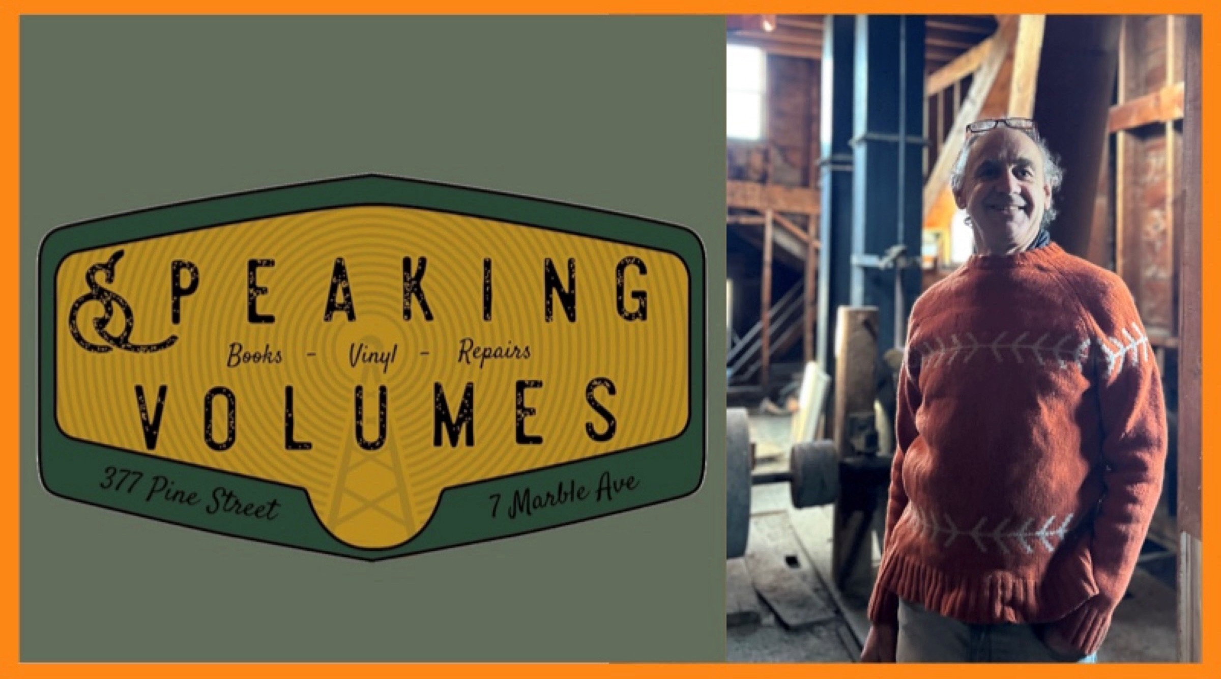 green logo and a man w orange sweater on in an old mill building