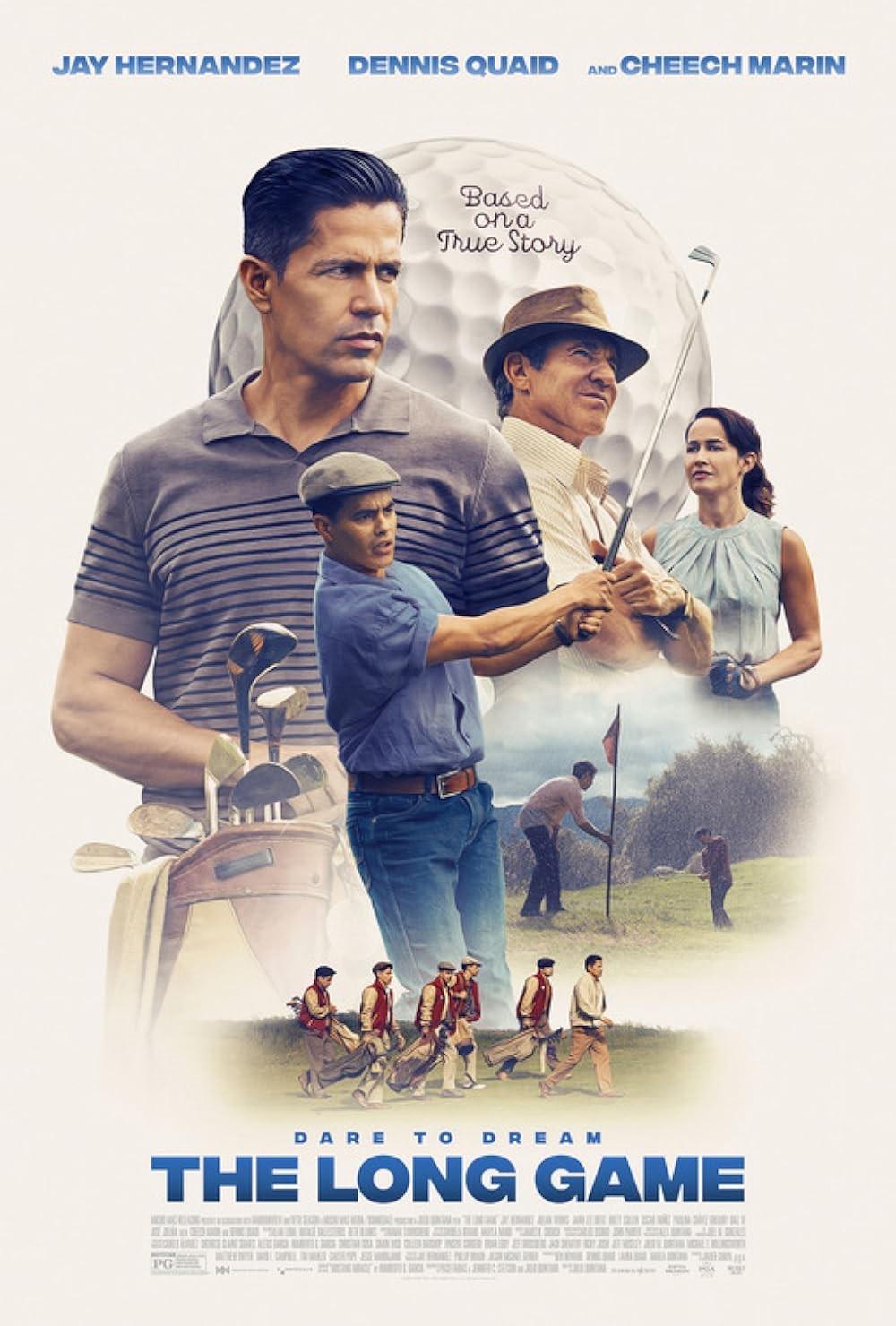 Characters from the 1950s in various golfing swing positions w a woman looking on