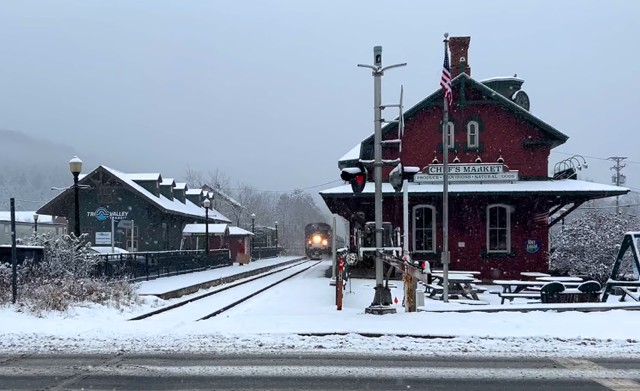 Randolpg Depot in winter w train approaching