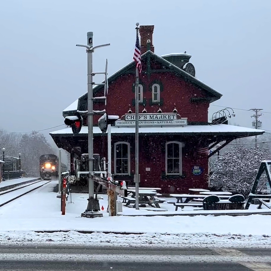 An older photo of the train depot building.
